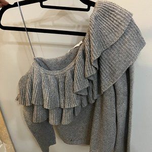 Skylar + Madison One Shoulder Grey Ruffle Sweater
